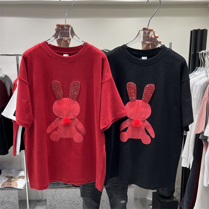Thickened Sanding Cartoon Printed Rabbit T-Shirt Summer European Loose Large Edition Mid-Length Short-Sleeved Top Women'S Ins Trendy - Image 4