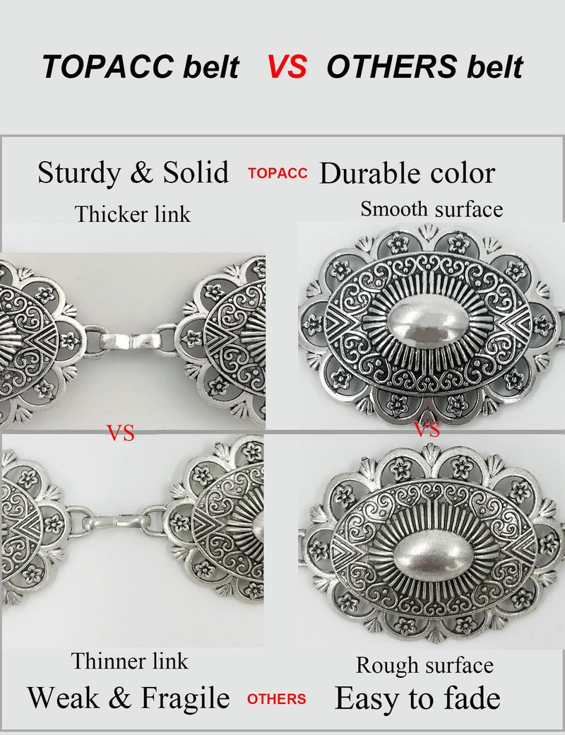TOPACC Silver Metal Concho Belts for Women Western Cowgirl Boho Chain Belt for Dress Jeans Country Concert Outfit - Image 3