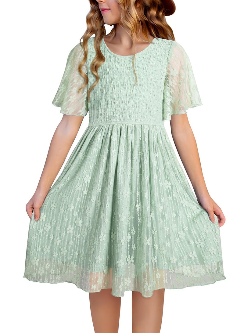 blibean Girls Summer Short Sleeve Dresses Big Kid Lace Ruffle Semi Formal Dress Solid Casual Fancy Boho Flare Party Wedding Guest Dance Clothes Dressy Outfit Size 6-7 Year Old Sage Green - Image 1