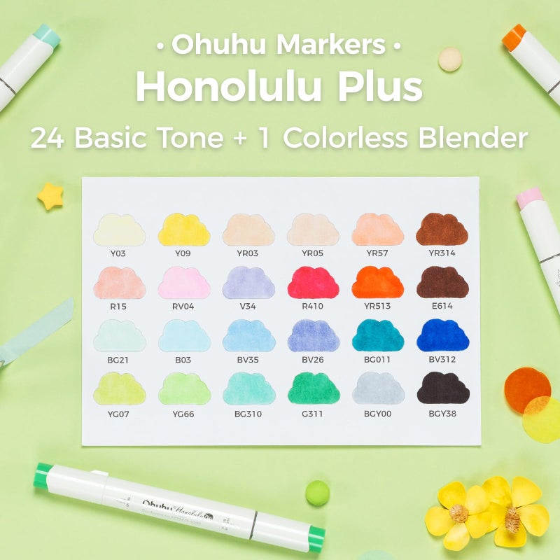 Ohuhu Brush Markers Honolulu Plus: 24-color Supreme Brush& Chisel Dual Tips Alcohol-based Art Marker Set for Artist Adult Coloring Book Illustrations- Refillable - Image 2