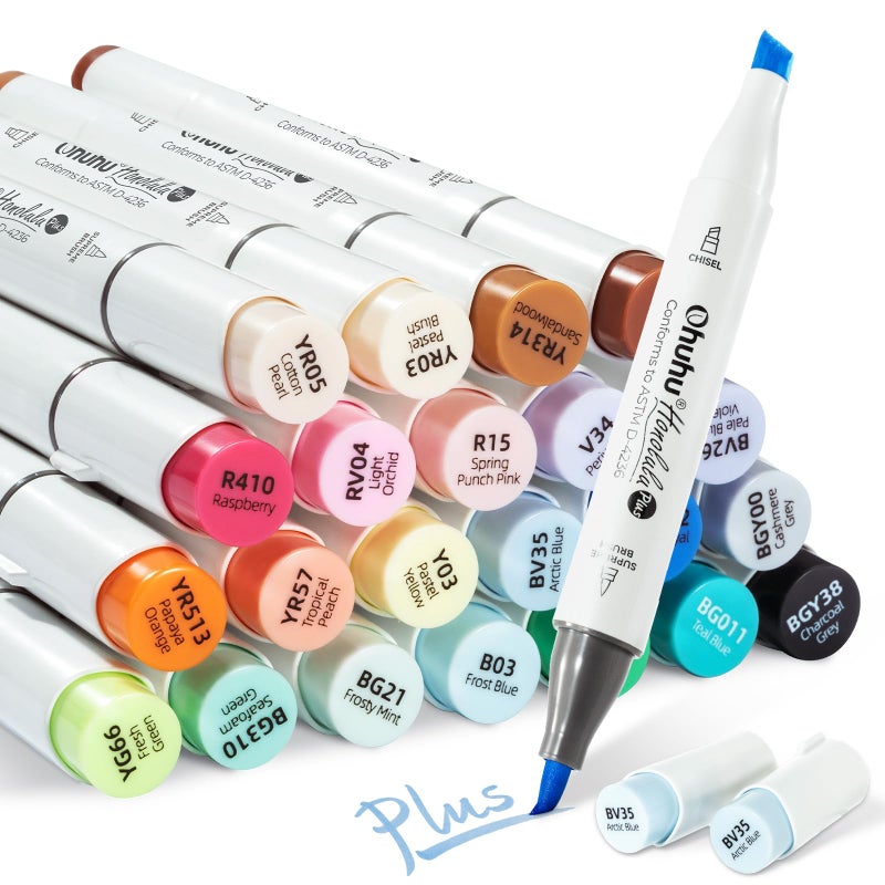 Ohuhu Brush Markers Honolulu Plus: 24-color Supreme Brush& Chisel Dual Tips Alcohol-based Art Marker Set for Artist Adult Coloring Book Illustrations- Refillable - Image 1