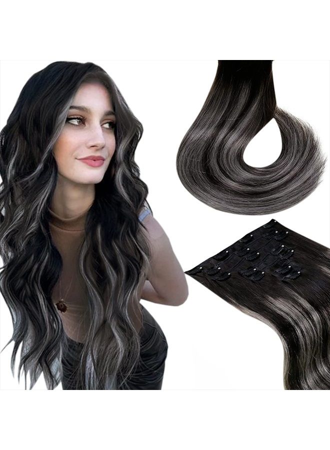 LaaVoo Real Hair Extensions Clip in Human Hair 18 Inch Ombre Natural Black to Silver Grey Mixed Black Balayage Remy Human Hair Clip in Extensions Full Head Set 120g/7pcs - Image 1