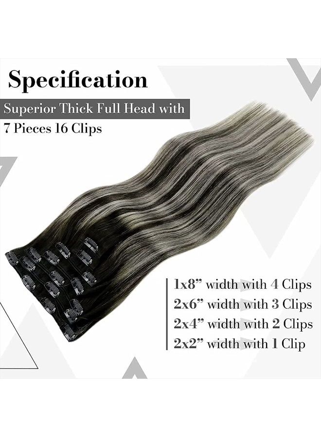 LaaVoo Real Hair Extensions Clip in Human Hair 18 Inch Ombre Natural Black to Silver Grey Mixed Black Balayage Remy Human Hair Clip in Extensions Full Head Set 120g/7pcs - Image 5