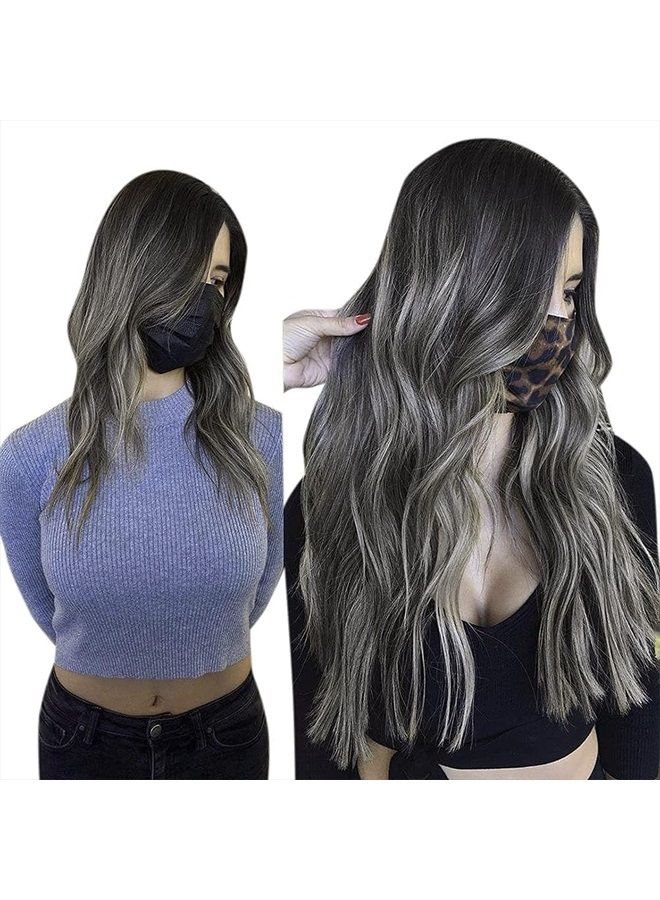 LaaVoo Real Hair Extensions Clip in Human Hair 18 Inch Ombre Natural Black to Silver Grey Mixed Black Balayage Remy Human Hair Clip in Extensions Full Head Set 120g/7pcs - Image 3