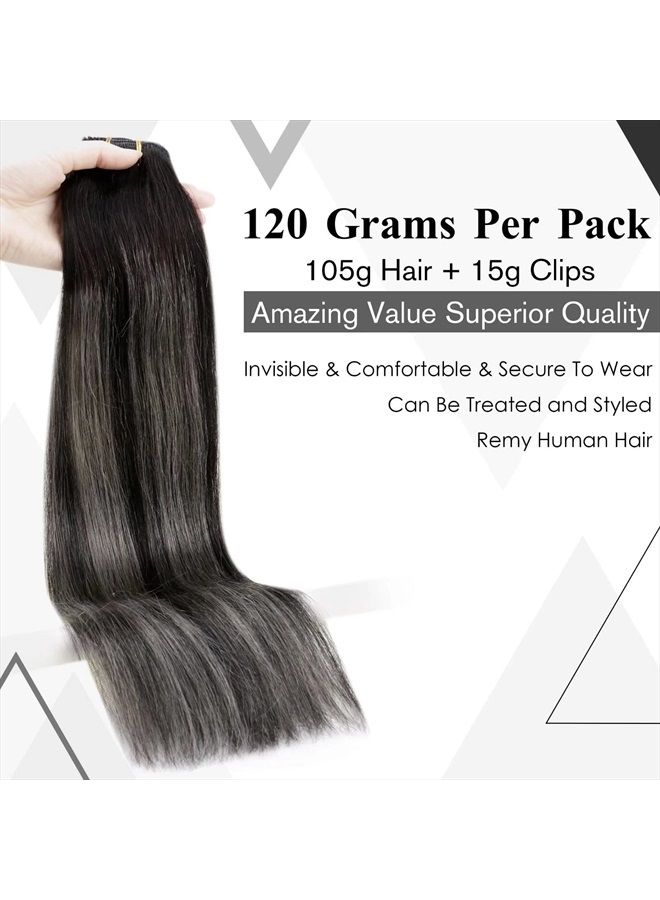 LaaVoo Real Hair Extensions Clip in Human Hair 18 Inch Ombre Natural Black to Silver Grey Mixed Black Balayage Remy Human Hair Clip in Extensions Full Head Set 120g/7pcs - Image 2