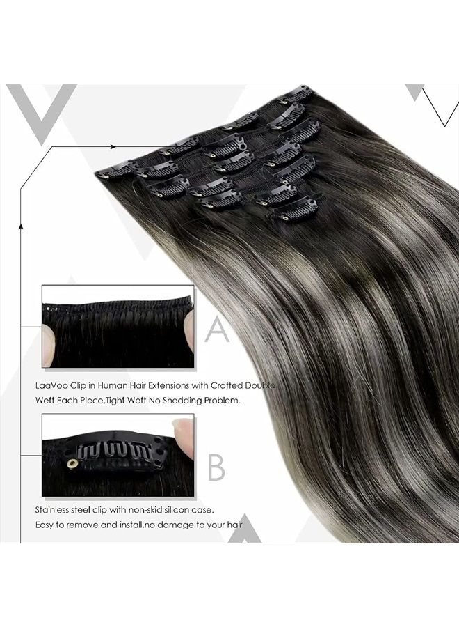 LaaVoo Real Hair Extensions Clip in Human Hair 18 Inch Ombre Natural Black to Silver Grey Mixed Black Balayage Remy Human Hair Clip in Extensions Full Head Set 120g/7pcs - Image 4
