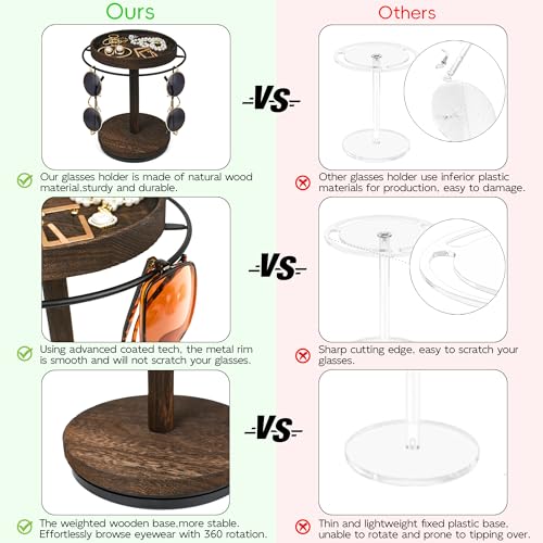 LingLingo Sunglasses Organizer 360° Rotating Eyeglass Holder Stand with Wood Tray and Base, Eye Glass Display Rack for Multiple Sunglass Storage for Table Dresser Nightstand Desk - Image 4