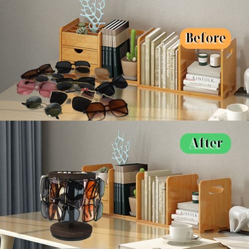 LingLingo Sunglasses Organizer 360° Rotating Eyeglass Holder Stand with Wood Tray and Base, Eye Glass Display Rack for Multiple Sunglass Storage for Table Dresser Nightstand Desk - Image 2