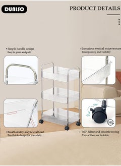 DUNISO 3-Tier Rolling Cart with Wheels, Rolling Storage Cart with Handle and Small Storage Basket, Multifunction Storage Trolley, Service Cart, Utility Shelves Cart for Living Room Kitchen Bathroom Office  - Image 2