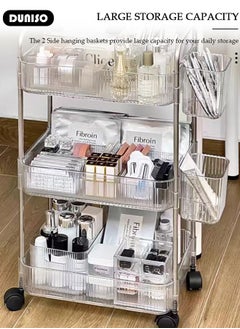 DUNISO 3-Tier Rolling Cart with Wheels, Rolling Storage Cart with Handle and Small Storage Basket, Multifunction Storage Trolley, Service Cart, Utility Shelves Cart for Living Room Kitchen Bathroom Office  - Image 3