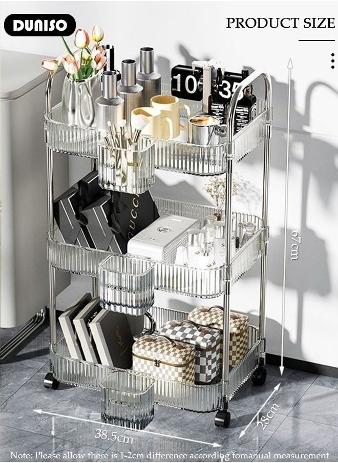 DUNISO - 3-Tier Rolling Cart with Wheels, Rolling Storage Cart with Handle and Small Storage Basket, Multifunction Storage Trolley, Service Cart, Utility Shelves Cart for Living Room Kitchen Bathroom Office - Image 1