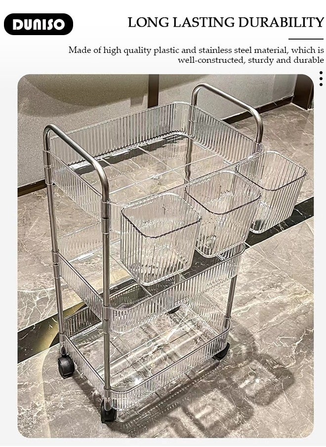 DUNISO - 3-Tier Rolling Cart with Wheels, Rolling Storage Cart with Handle and Small Storage Basket, Multifunction Storage Trolley, Service Cart, Utility Shelves Cart for Living Room Kitchen Bathroom Office - Image 1