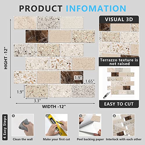 URCOLOR 10-Sheet Backsplash Tile for Kitchen Peel and Stick,12"x12" Self Adhesive Wall Tiles Stick on Back Splashes for Bathroom Brown - Image 5