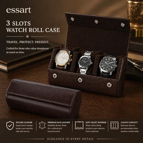 essart Luxury 3 Watch Roll Case Premium Leather Travel Watch Organizer for Men, Compact & Protective Watch Storage Box Soft Velvet Interior & Magnetic Closure with Snakebit Brown colour - Image 5