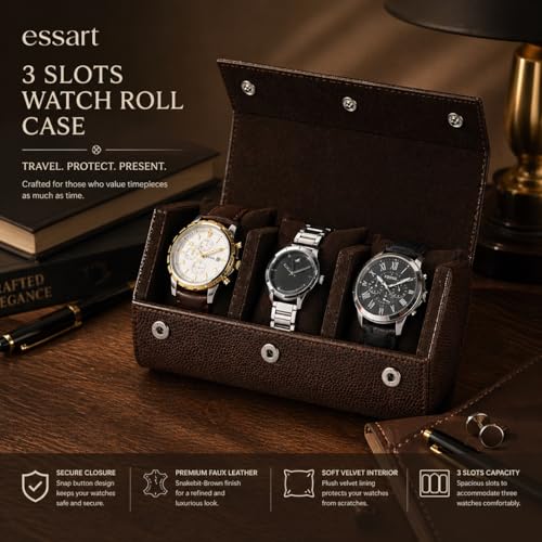 essart Luxury 3 Watch Roll Case Premium Leather Travel Watch Organizer for Men, Compact & Protective Watch Storage Box Soft Velvet Interior & Magnetic Closure with Snakebit Brown colour - Image 4