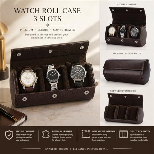 essart Luxury 3 Watch Roll Case Premium Leather Travel Watch Organizer for Men, Compact & Protective Watch Storage Box Soft Velvet Interior & Magnetic Closure with Snakebit Brown colour - Image 2