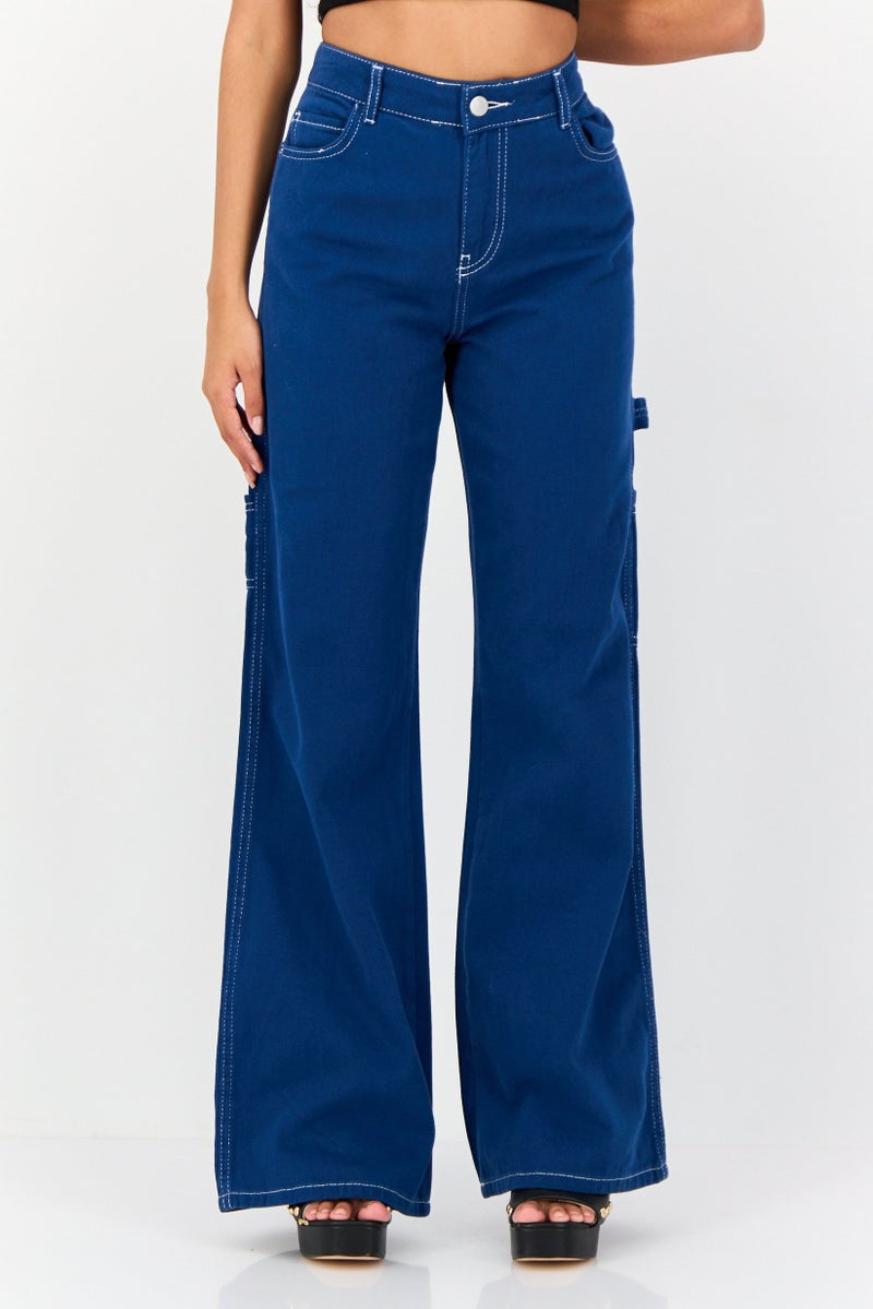 KOTON Women Regular Fit Wide Leg Solid Denim Jeans, Blue - Image 1