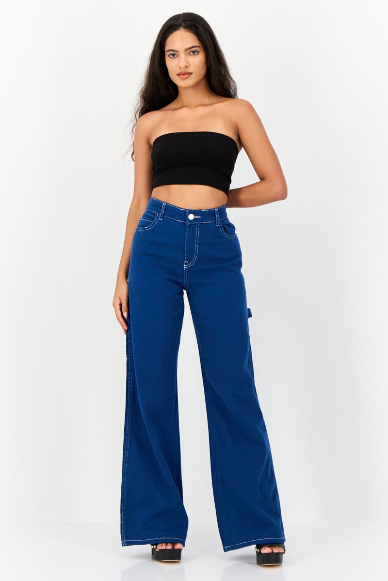 KOTON Women Regular Fit Wide Leg Solid Denim Jeans, Blue - Image 3