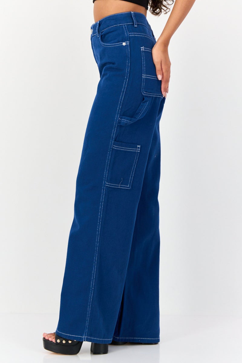 KOTON Women Regular Fit Wide Leg Solid Denim Jeans, Blue - Image 4