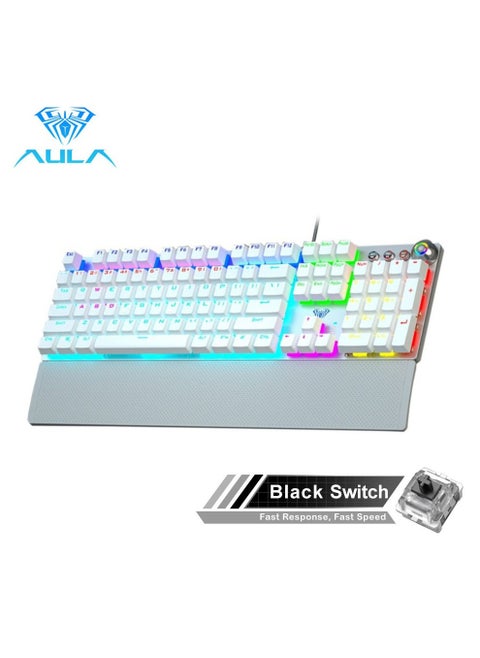 Mechanical Gaming Keyboard NKRO with Wrist Rest RGB Backlit Volume/Lighting Control Knob Fully Programmable 108-Keys Anti-Ghosting Wired Computer Keyboards for Office/Games, Black Switch