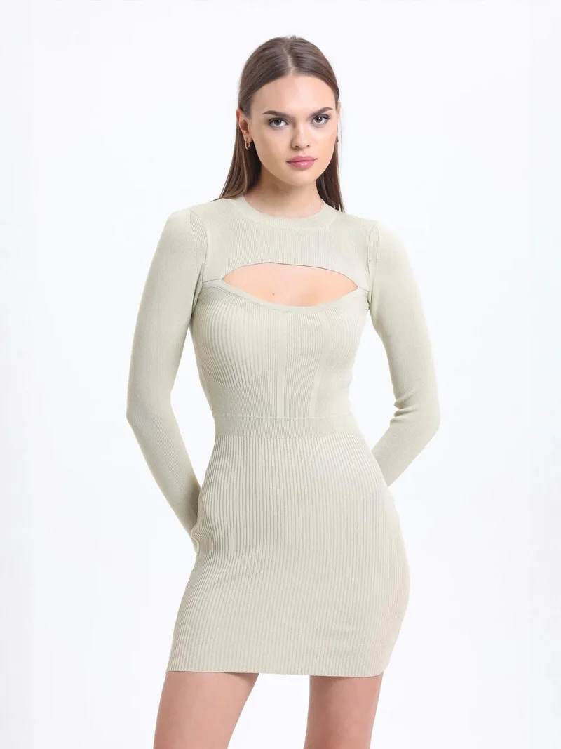 HICCUP Crew Neck Cut Out Long Sleeve Mini Bodycon Dress