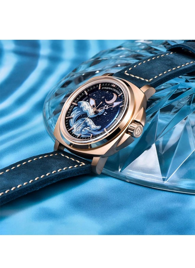 PAGANI DESIGN - Men's Automatic Mechanical Watches NH35 Movement Imported From Japan, Luminous Dial, Sports Waterproof, Classic Retro Leather Blue Strap, Gold Dial - Image 1