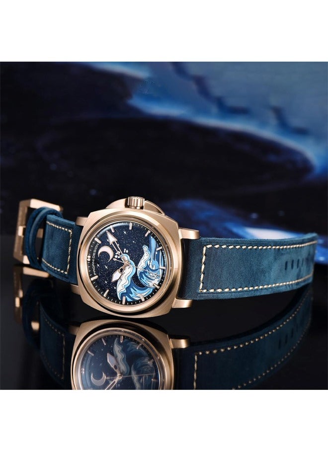 PAGANI DESIGN - Men's Automatic Mechanical Watches NH35 Movement Imported From Japan, Luminous Dial, Sports Waterproof, Classic Retro Leather Blue Strap, Gold Dial - Image 1