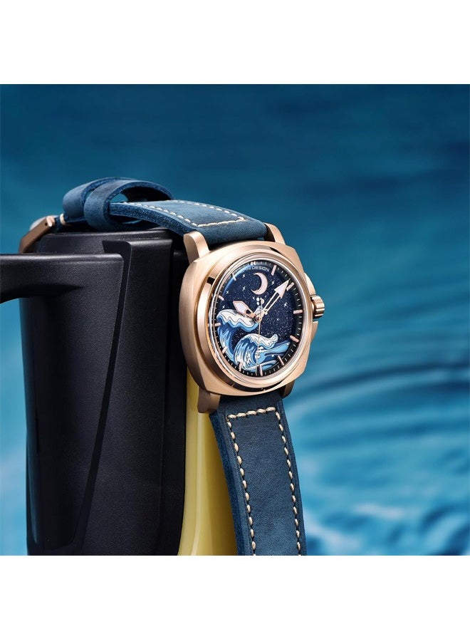 PAGANI DESIGN - Men's Automatic Mechanical Watches NH35 Movement Imported From Japan, Luminous Dial, Sports Waterproof, Classic Retro Leather Blue Strap, Gold Dial - Image 1