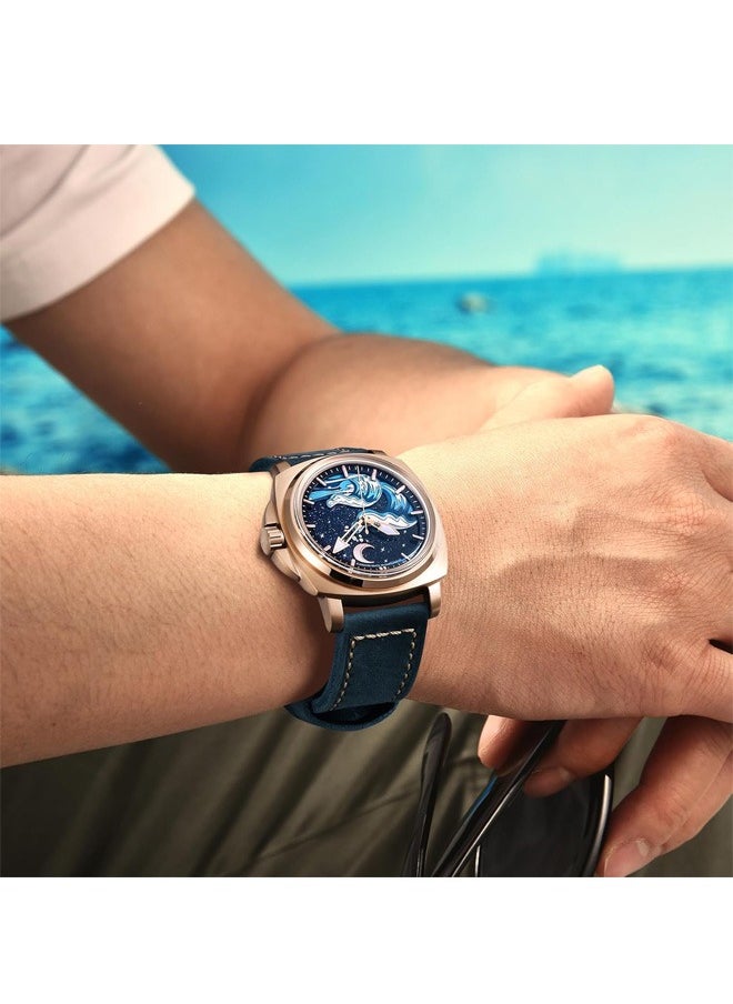 PAGANI DESIGN - Men's Automatic Mechanical Watches NH35 Movement Imported From Japan, Luminous Dial, Sports Waterproof, Classic Retro Leather Blue Strap, Gold Dial - Image 1