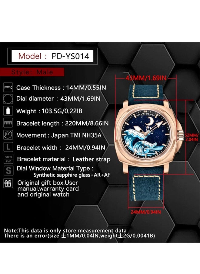 PAGANI DESIGN - Men's Automatic Mechanical Watches NH35 Movement Imported From Japan, Luminous Dial, Sports Waterproof, Classic Retro Leather Blue Strap, Gold Dial - Image 1