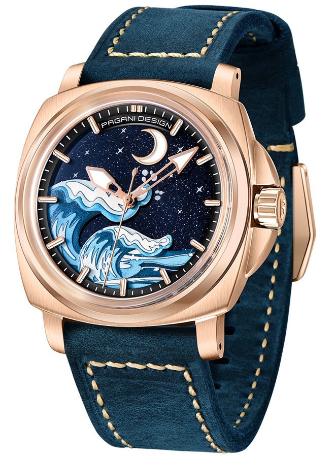PAGANI DESIGN - Men's Automatic Mechanical Watches NH35 Movement Imported From Japan, Luminous Dial, Sports Waterproof, Classic Retro Leather Blue Strap, Gold Dial - Image 1
