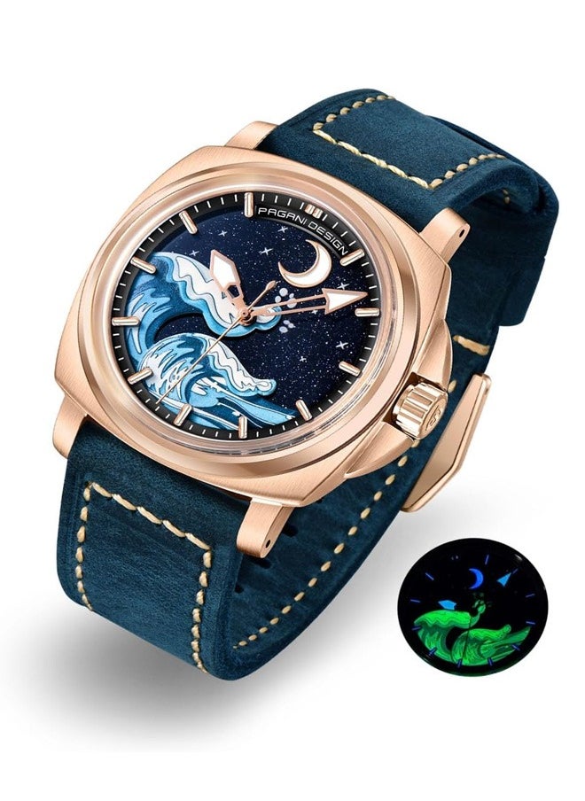 PAGANI DESIGN - Men's Automatic Mechanical Watches NH35 Movement Imported From Japan, Luminous Dial, Sports Waterproof, Classic Retro Leather Blue Strap, Gold Dial - Image 1