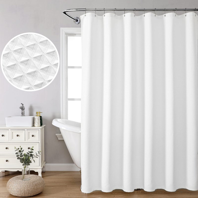 MISS SELECTEX Fabric Shower Curtain Matt Waffle Weave Shower Curtains for Bathroom Luxury Hotel  Waterproof 230 GSM Heavy Duty Classic Durable Fabric Bathroom Curtain Machine Washable(36Wx72H White) - Image 2