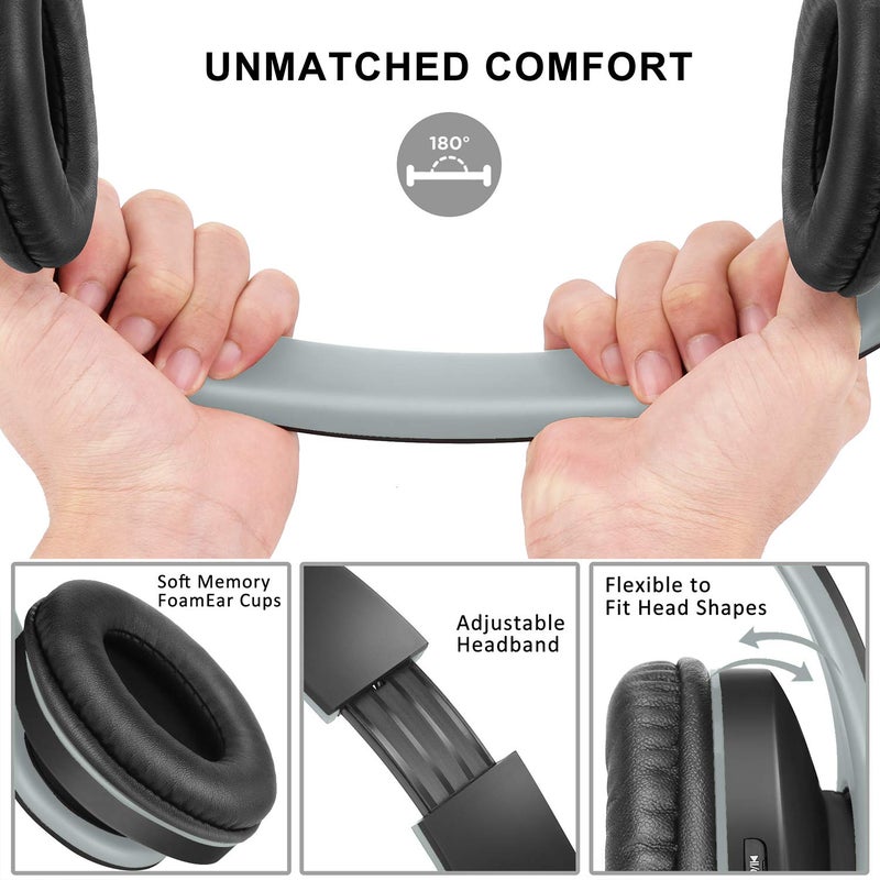 ZIHNIC Bluetooth Headphones Over-Ear, Foldable Wireless and Wired Stereo Headset Micro SD/TF, FM for Cell Phone,PC,Soft Earmuffs &Light Weight for Prolonged Wearing(Black/Gray) - Image 2