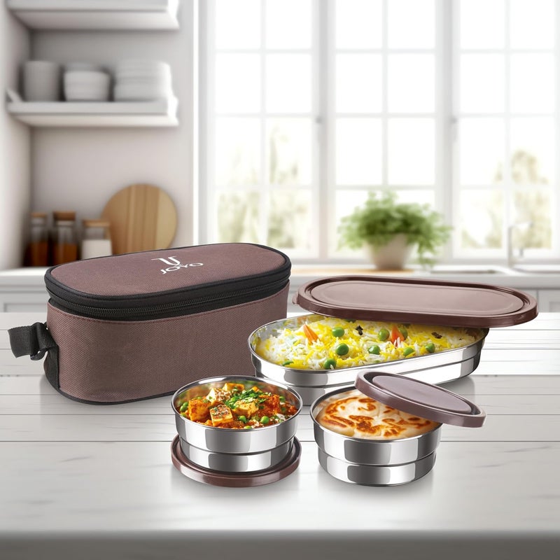 JOYO JOYO Executive Smart Lunch with Zipper Pouch, 2 Round Containers, 280 ml Each, 1 Oval Container, 500 ml, Brown | Easy to Carry | Leak Proof  - Image 5