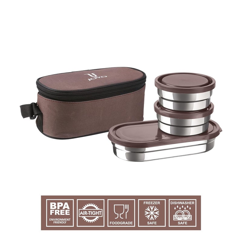 JOYO JOYO Executive Smart Lunch with Zipper Pouch, 2 Round Containers, 280 ml Each, 1 Oval Container, 500 ml, Brown | Easy to Carry | Leak Proof  - Image 4
