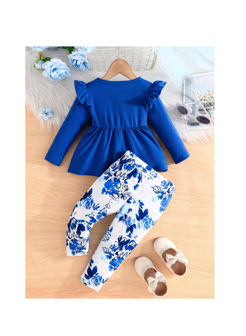 2-Piece Baby Girl Outfit Set, Blue Long Sleeve Top with Floral Pants, for 12-18 Months, Perfect for Outfit and Home Pajama - Image 2