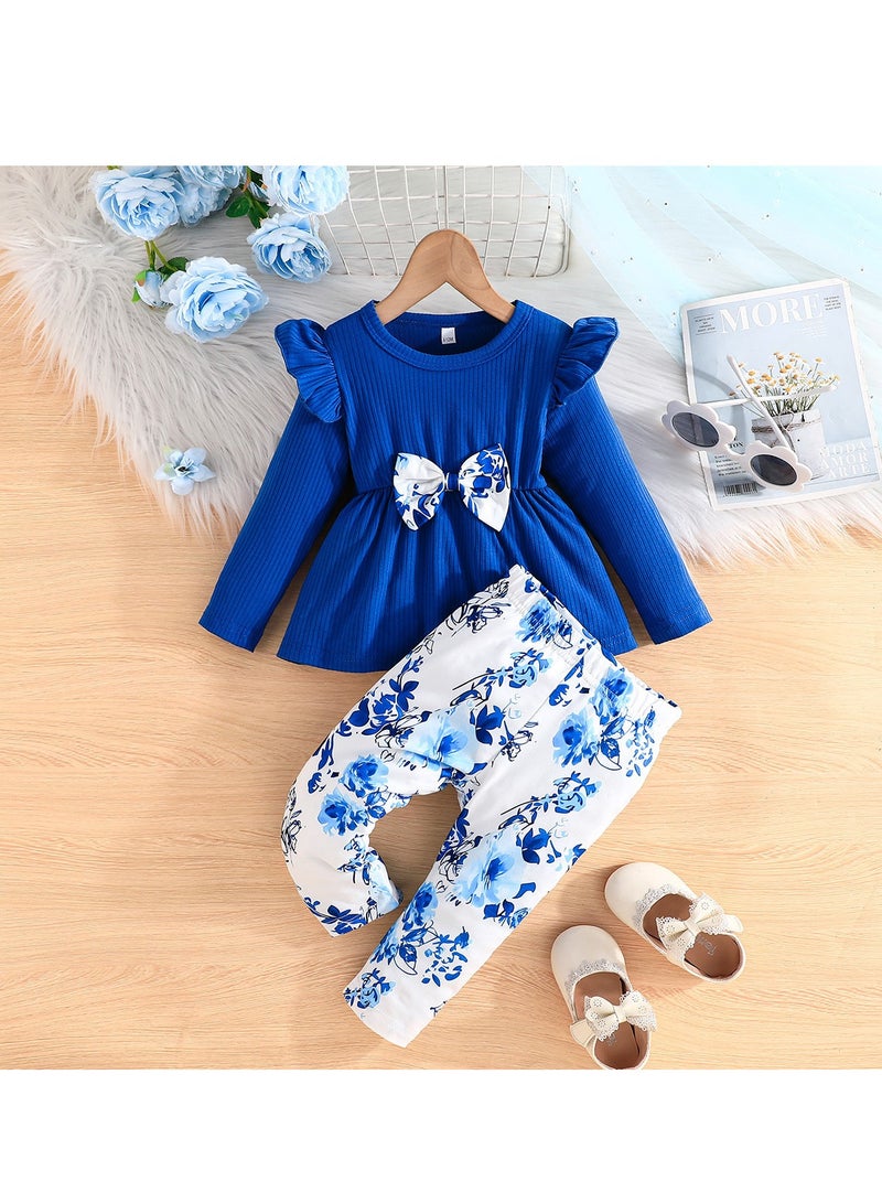 2-Piece Baby Girl Outfit Set, Blue Long Sleeve Top with Floral Pants, for 12-18 Months, Perfect for Outfit and Home Pajama - Image 1