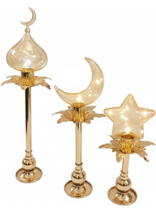 طقم شمعدان زينة رمضان (3 قطع) هلال ونجمة ومئذنة