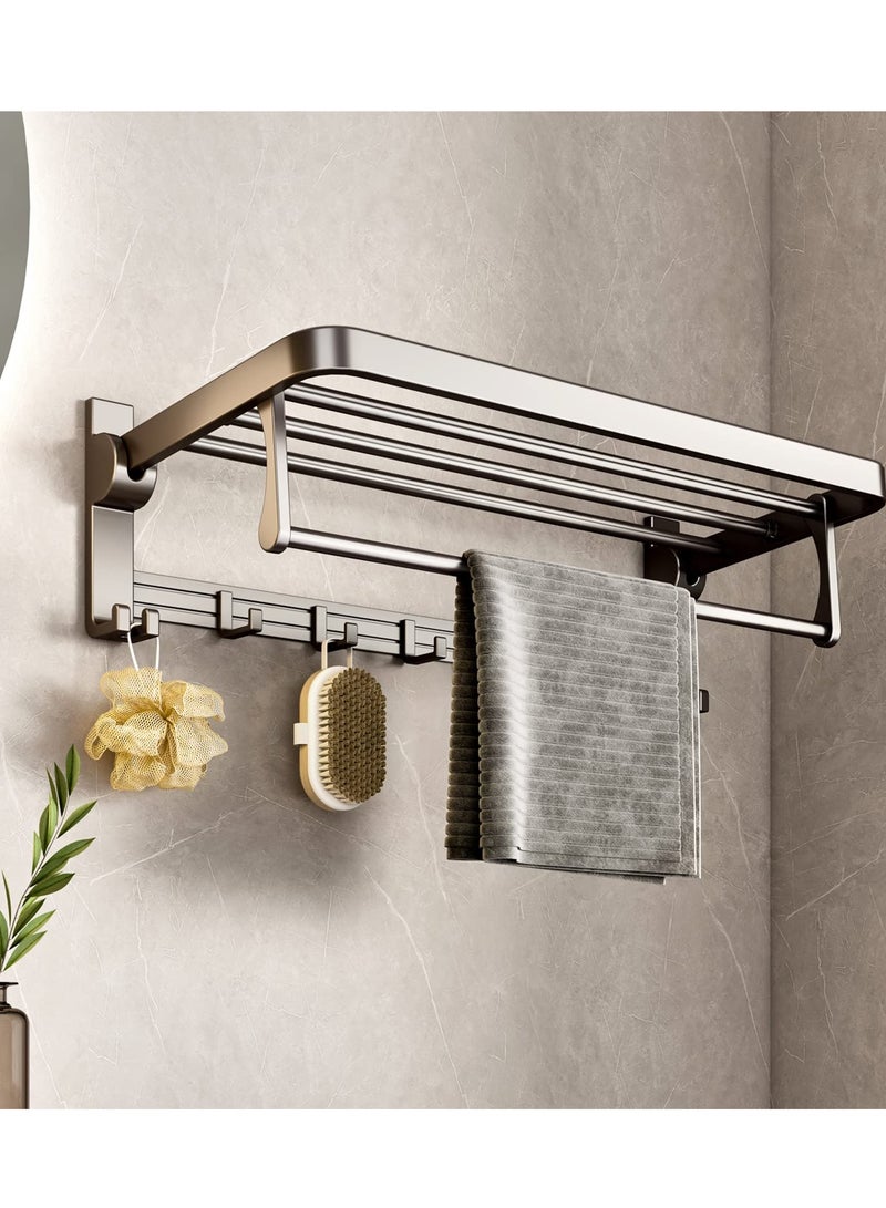 MIXDE Foldable Bathroom Towel Rack, 60CM Space Aluminium Wall Mounted Towel Shelf with Towel Bar and 5 Movable Rod Hooks + 4 Fixed Hooks (Adhesive or Drilling Mounting) - Image 1
