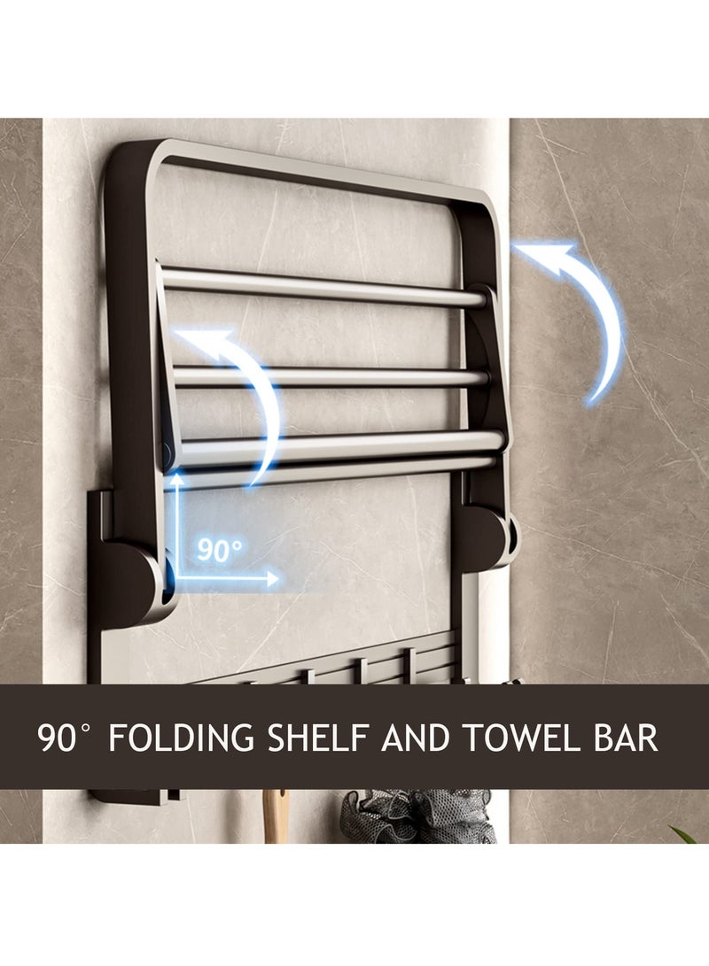 MIXDE Foldable Bathroom Towel Rack, 60CM Space Aluminium Wall Mounted Towel Shelf with Towel Bar and 5 Movable Rod Hooks + 4 Fixed Hooks (Adhesive or Drilling Mounting) - Image 2