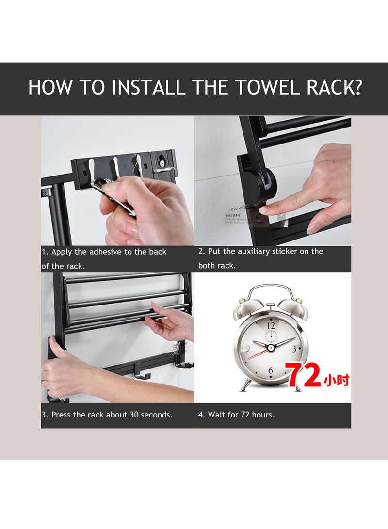MIXDE Foldable Bathroom Towel Rack, 60CM Space Aluminium Wall Mounted Towel Shelf with Towel Bar and 5 Movable Rod Hooks + 4 Fixed Hooks (Adhesive or Drilling Mounting) - Image 5