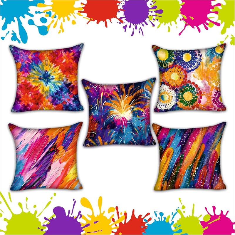 Party Baazaar Party Baazaar Holi Decorative Printed CushionThrowPillow Covers Happy Holi Decoration Items for Home Pack of 5 Multi Color Size 16x16 inches - Image 1