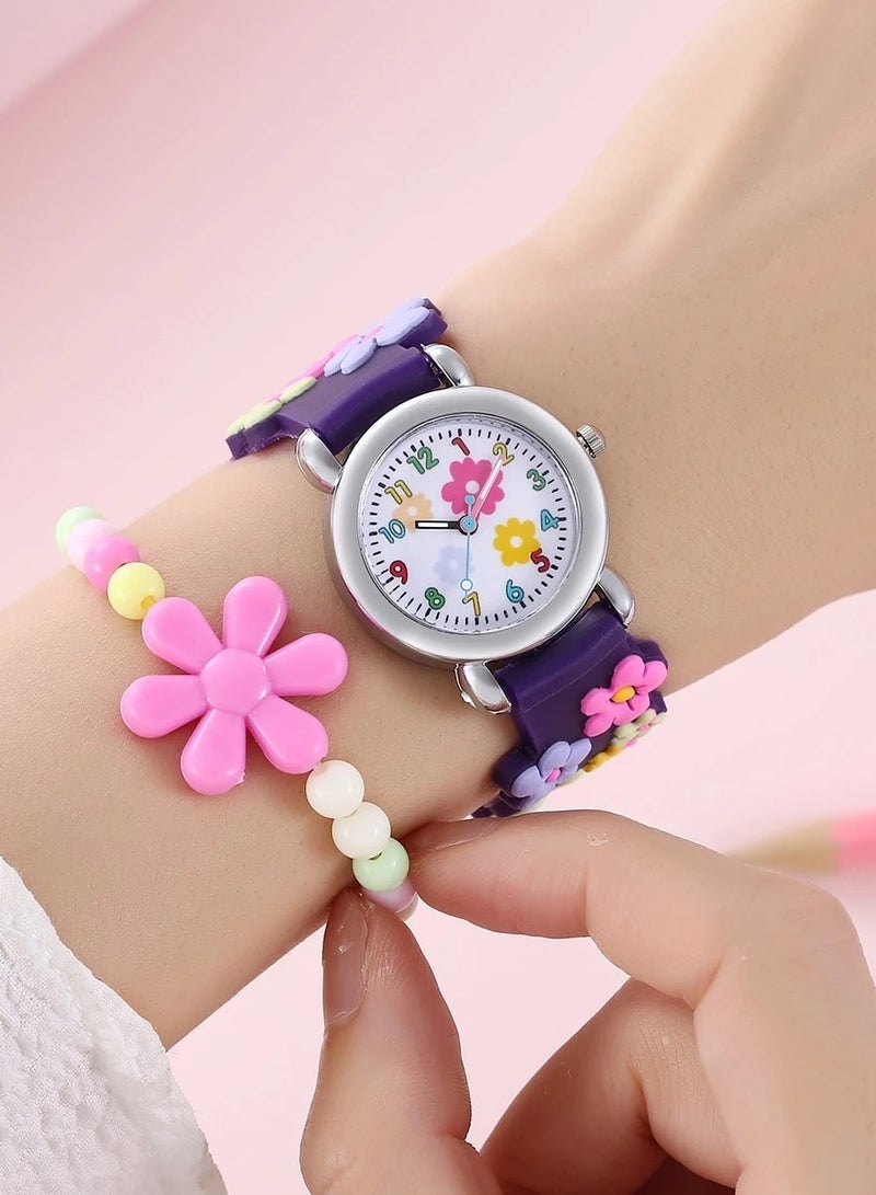 طقم إكسسوارات أطفال للبنات مكون من ساعة يد وقلادة وسوار بتصميم زهور ملونة - Image 2