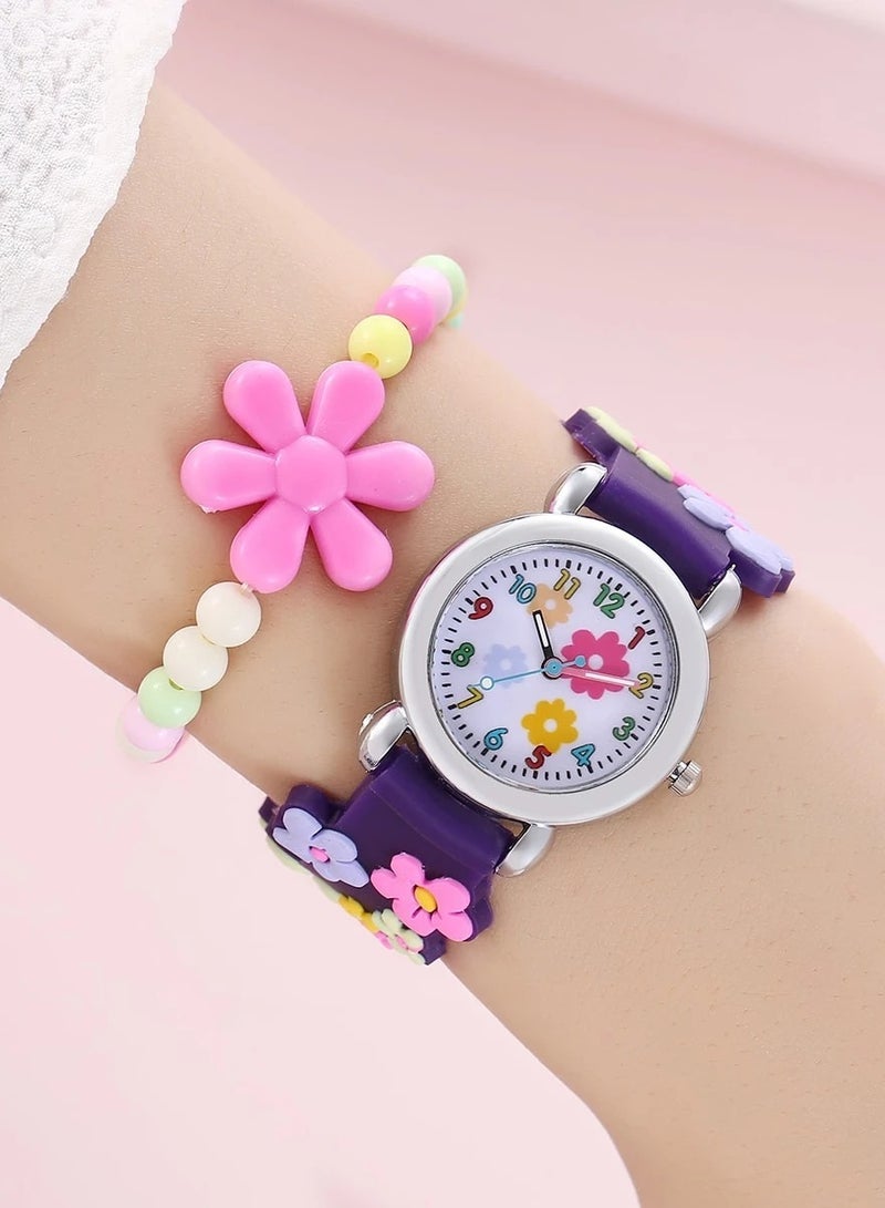 طقم إكسسوارات أطفال للبنات مكون من ساعة يد وقلادة وسوار بتصميم زهور ملونة - Image 3