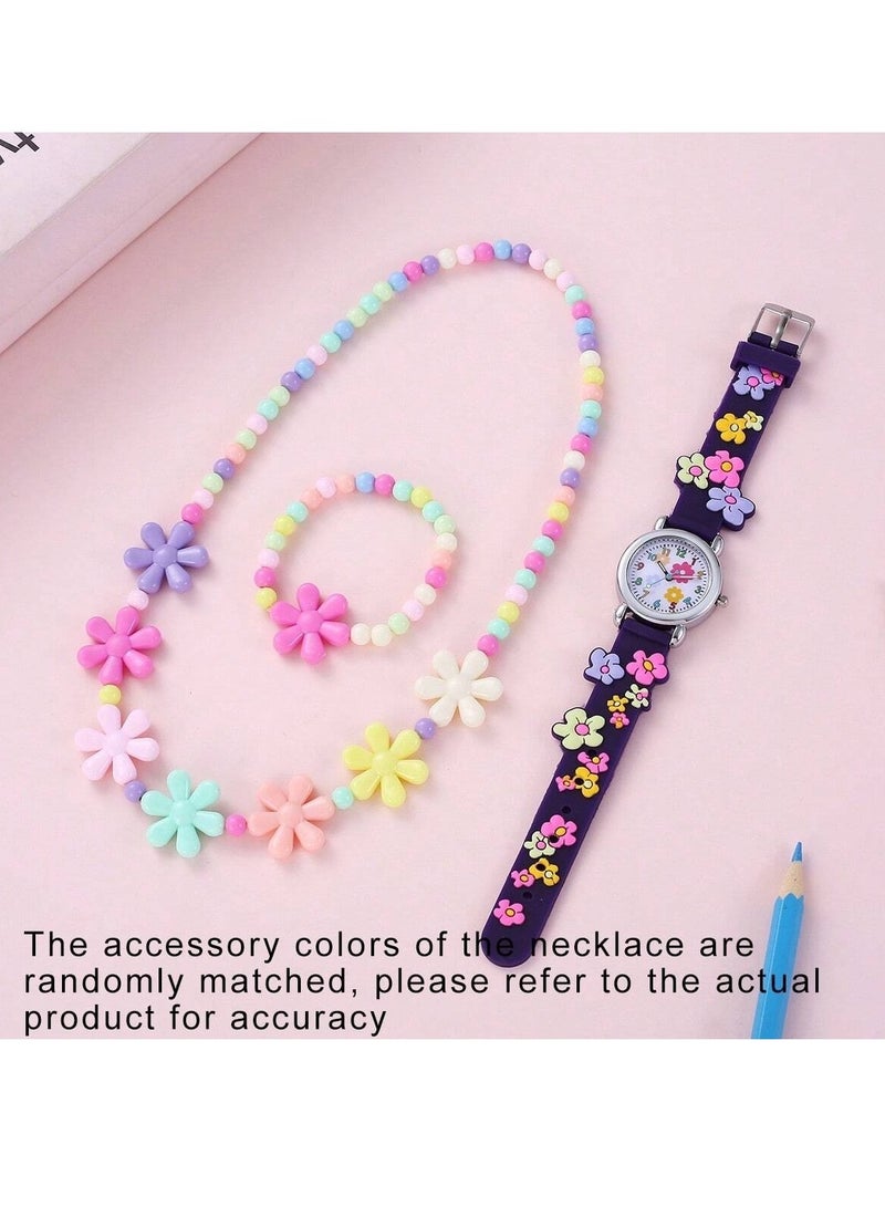 طقم إكسسوارات أطفال للبنات مكون من ساعة يد وقلادة وسوار بتصميم زهور ملونة - Image 4