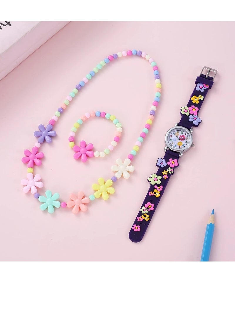 طقم إكسسوارات أطفال للبنات مكون من ساعة يد وقلادة وسوار بتصميم زهور ملونة - Image 1