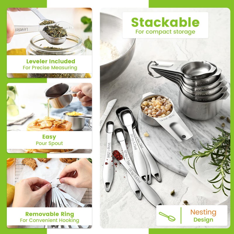 Spring Chef Stainless Steel Measuring Cups and Spoons Set of 14 with Leveler, Nesting Kitchen Metal Measuring Cups and Spoons Set for Dry and Liquid Ingredients, Perfect for Cooking & Baking - Image 5