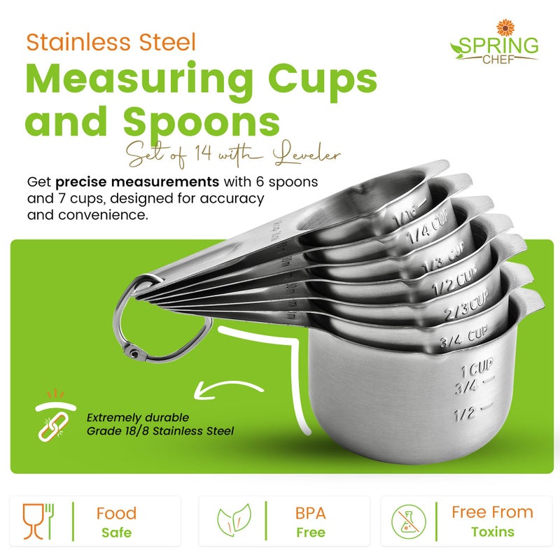 Spring Chef Stainless Steel Measuring Cups and Spoons Set of 14 with Leveler, Nesting Kitchen Metal Measuring Cups and Spoons Set for Dry and Liquid Ingredients, Perfect for Cooking & Baking - Image 4