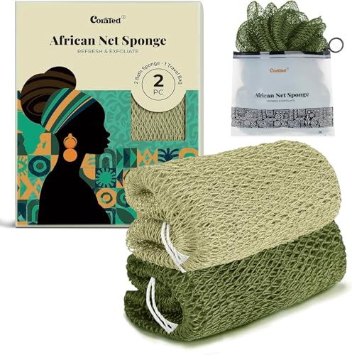 CORATED African Net Sponge Authentic Shower Loofah Exfoliating Bath Sponge Body Scrubber for Women Daily Use Body Care Travel Portable Bath Accessories for Bathroom Olive Green Light Green - Image 1